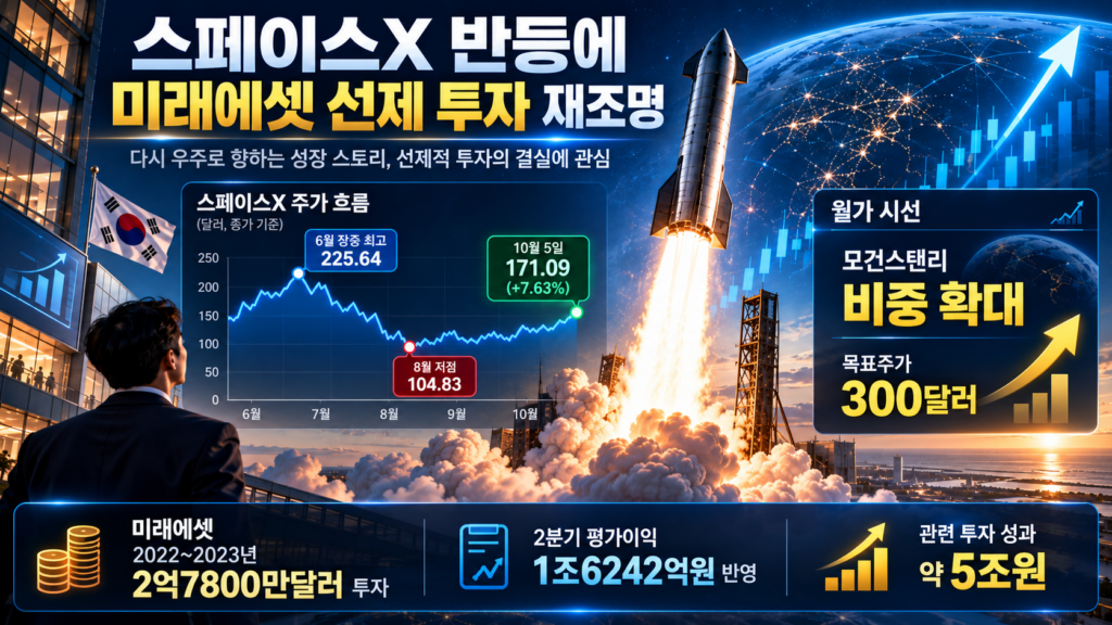 스페이스X 주가 반등과 미래에셋 선제 투자 성과를 보여주는 인포그래픽